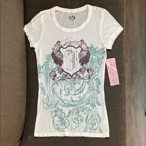 Juicy Couture White Tee w/ Teal & Maroon Graphic